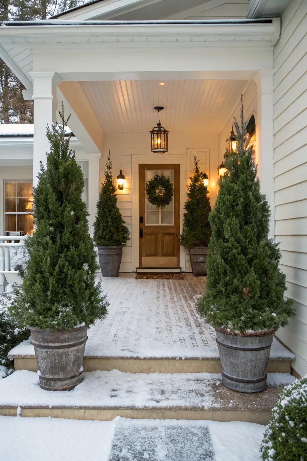 Potted evergreen trees impart lush greenery to this winter porch.