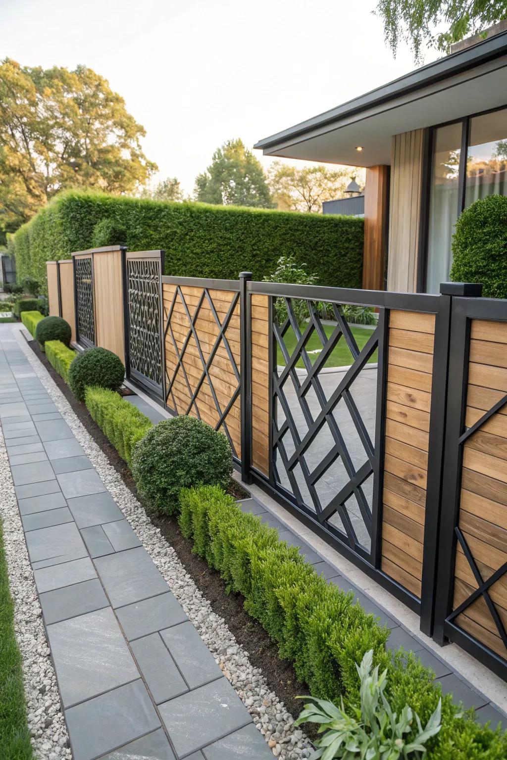 A fence showcasing striking geometric patterns via a blend of timber and metal.