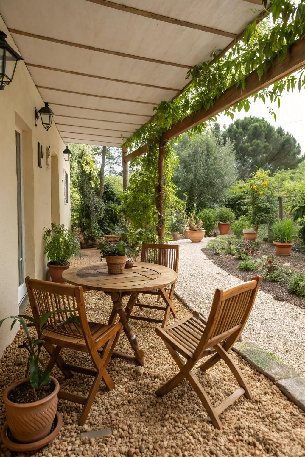 Wood chips create a warm and inviting patio space.