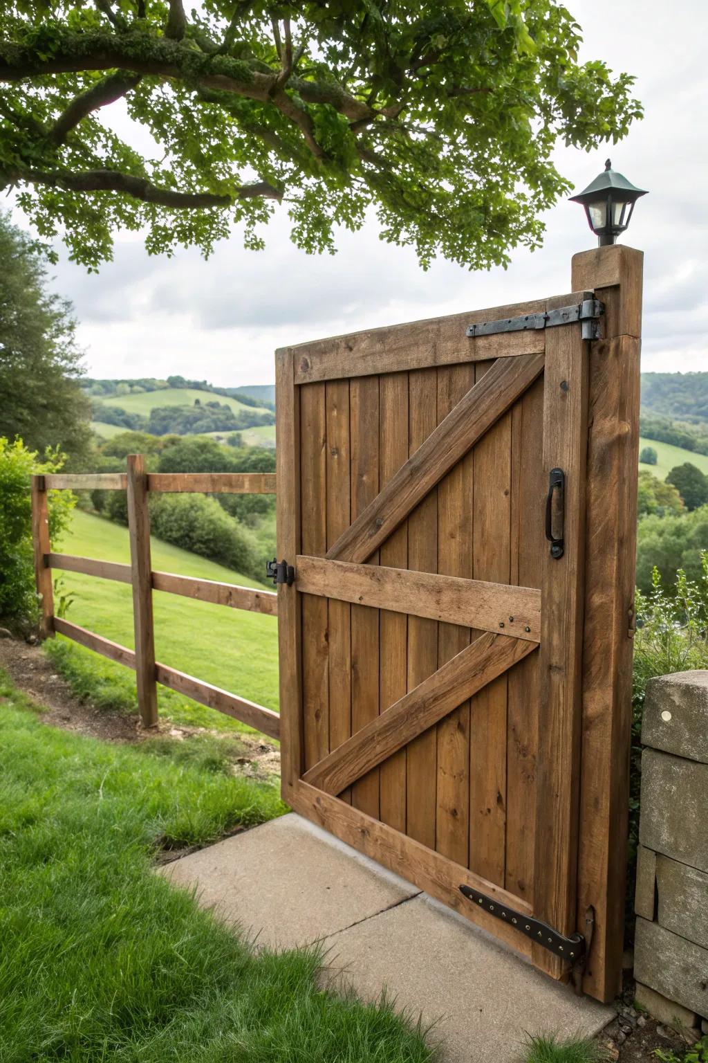 Embrace rustic charm with a barn door style gate, blending craftsmanship and countryside allure.