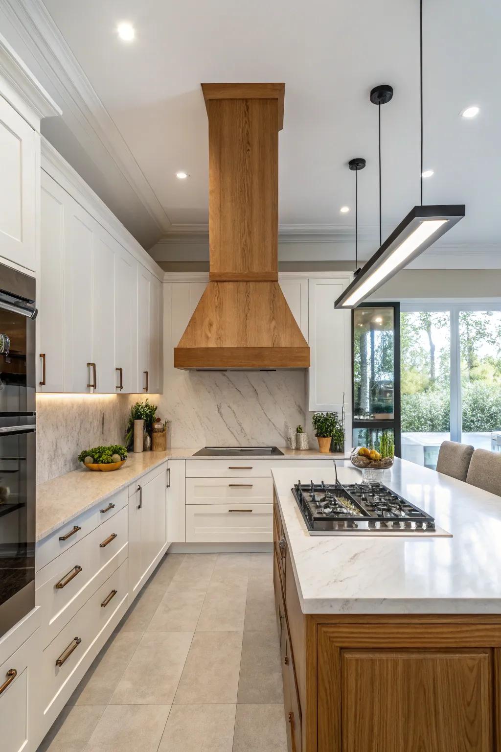 A simple wood range hood offers streamlined, modern elegance.