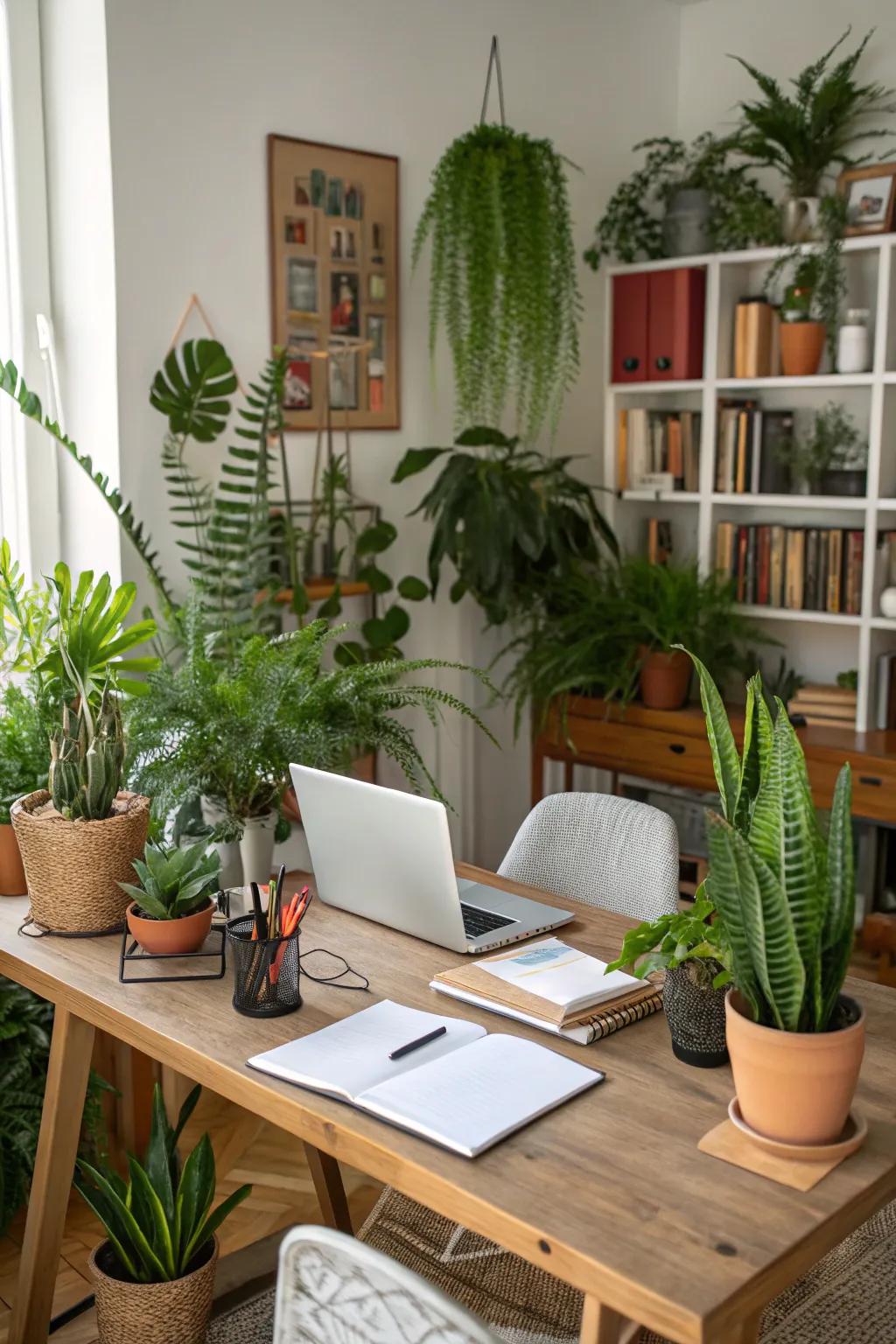 Greenery introduces life and freshness into a home office setting.
