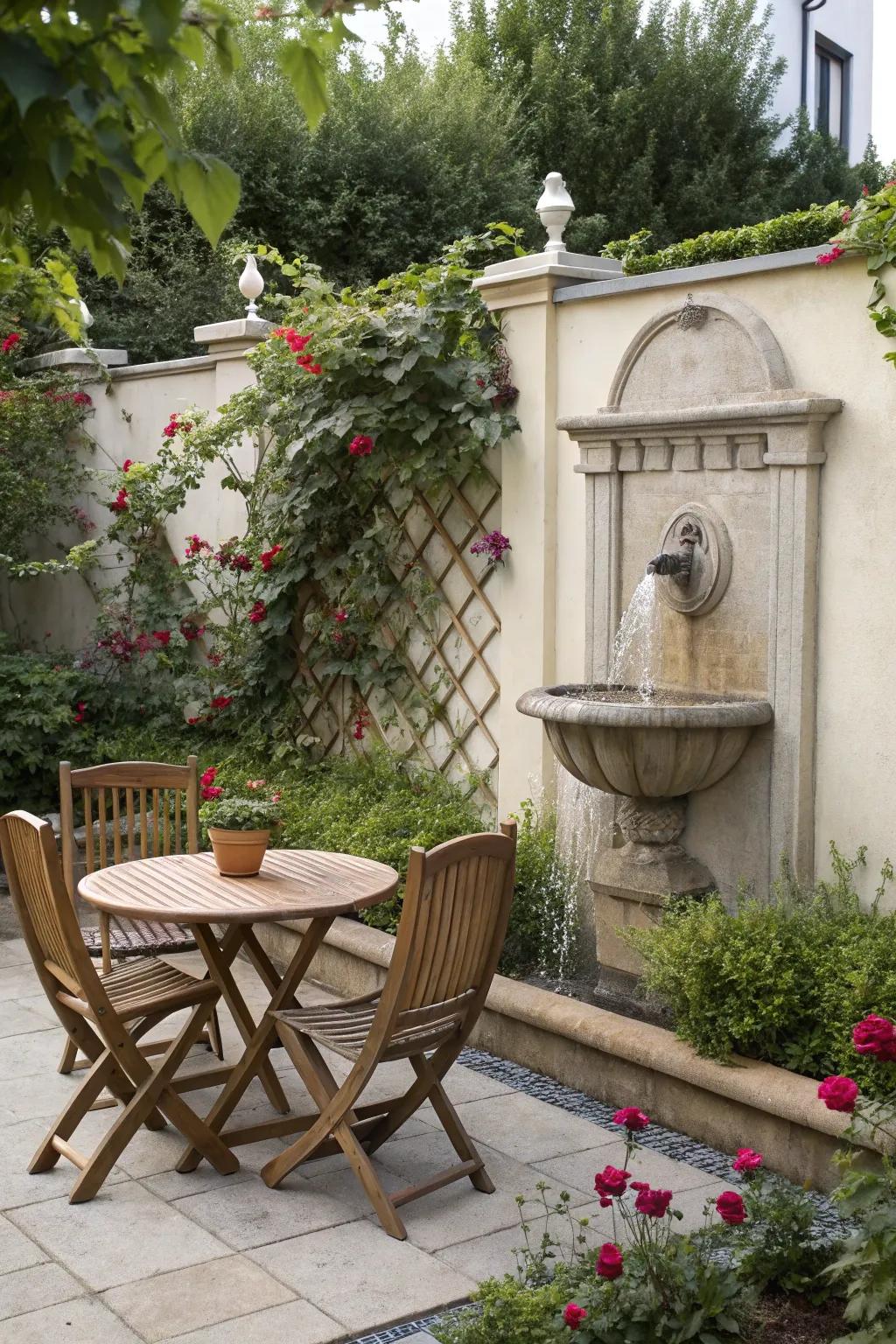A space-saving wall-mounted fountain creating a serene corner in the garden.