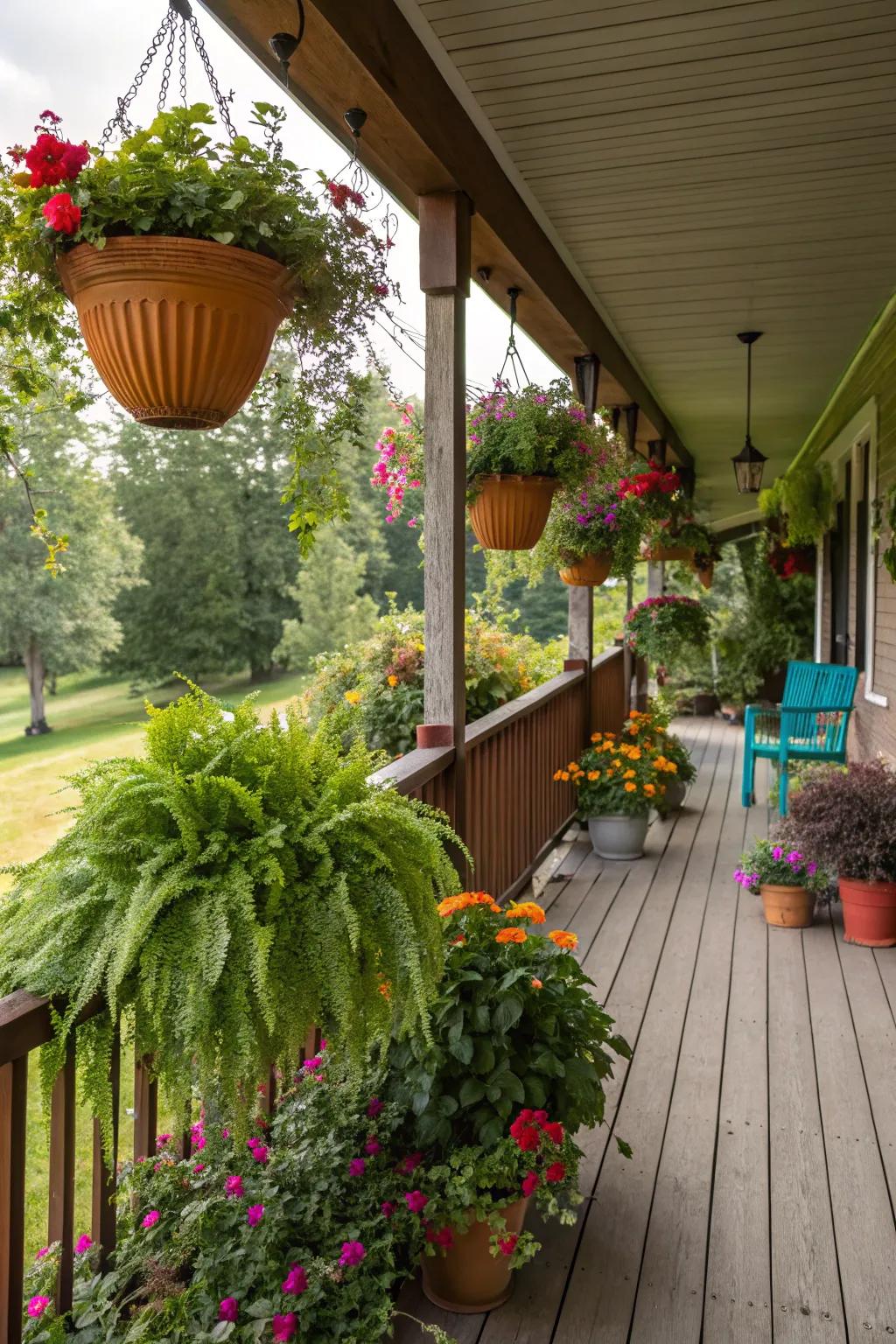 Lush foliage deepening the porch's natural atmosphere.