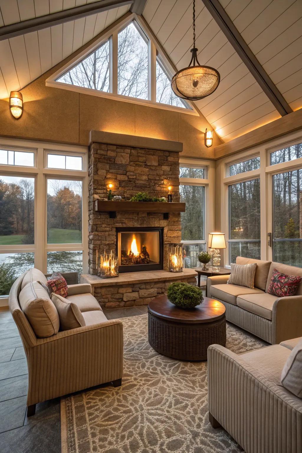 A warm and inviting fireplace in a four season room.