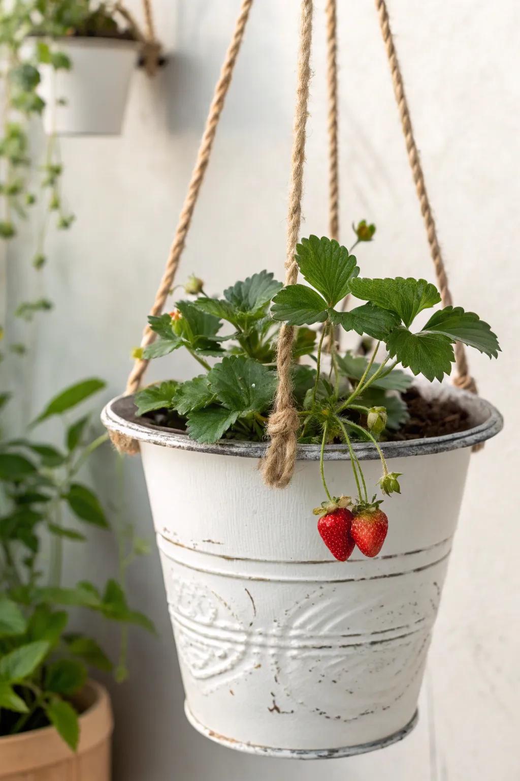 Elevate your garden with charming hanging strawberry planters, blending minimalism with natural beauty.