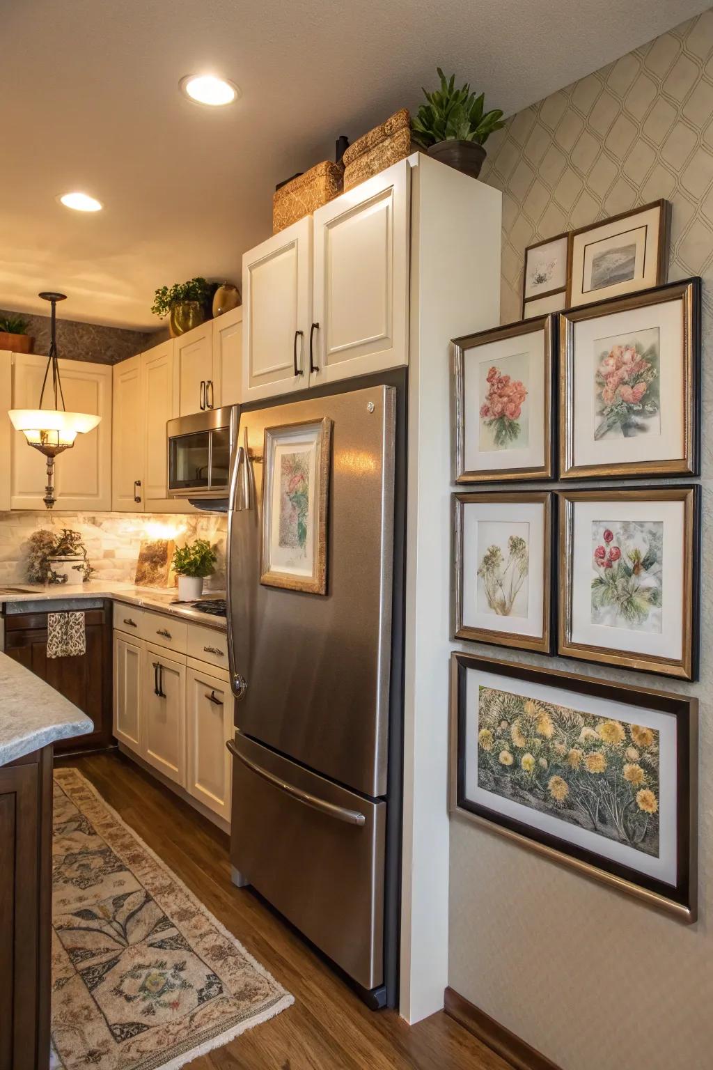 Integrate artwork above your refrigerator for a personal and stylish touch.