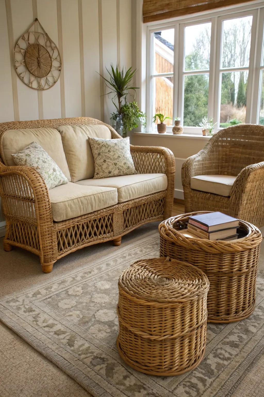 Natural materials like rattan and wicker add an organic touch to the decor.