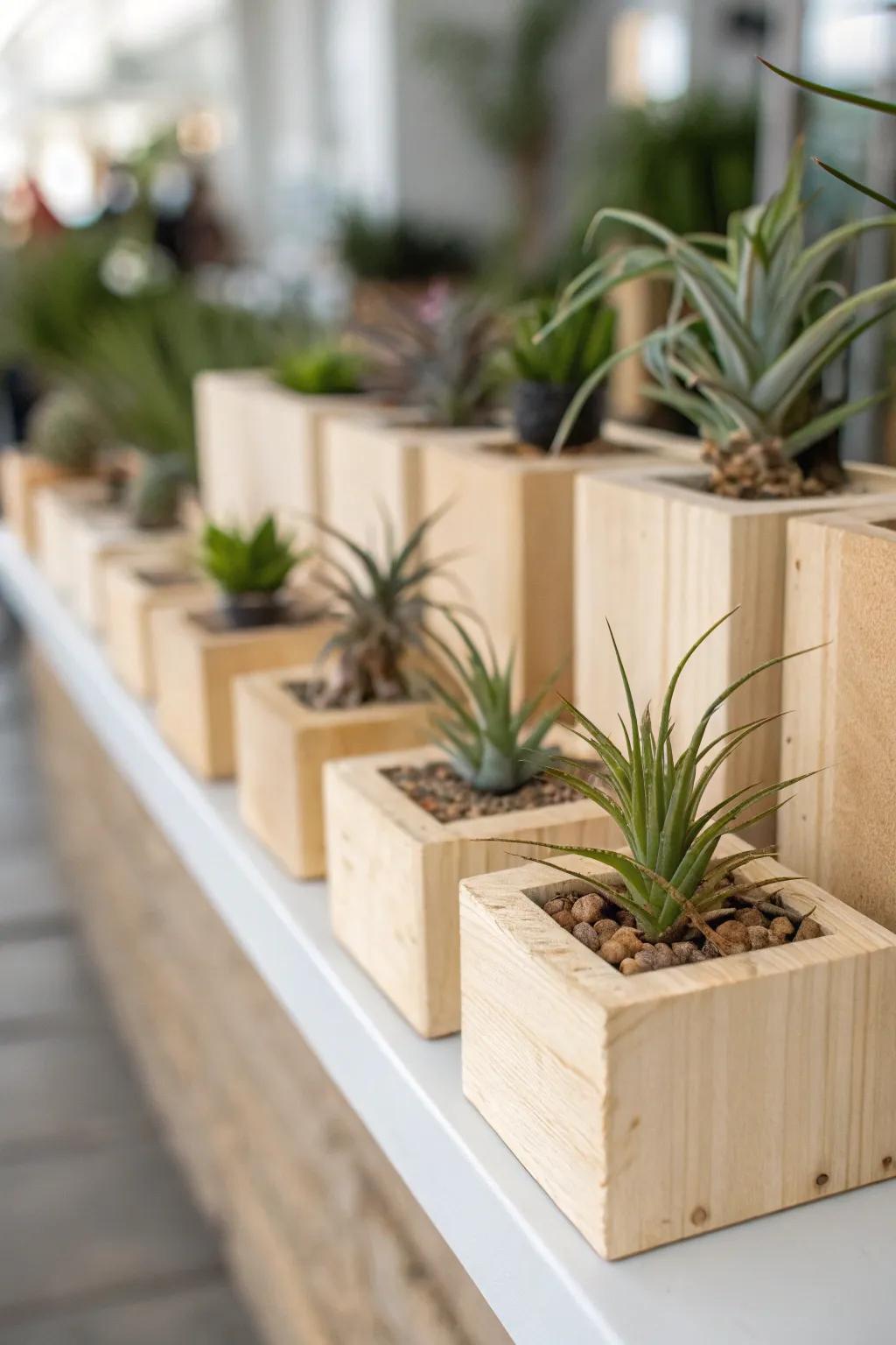 Wooden blocks offer a minimalist aesthetic for air plants.