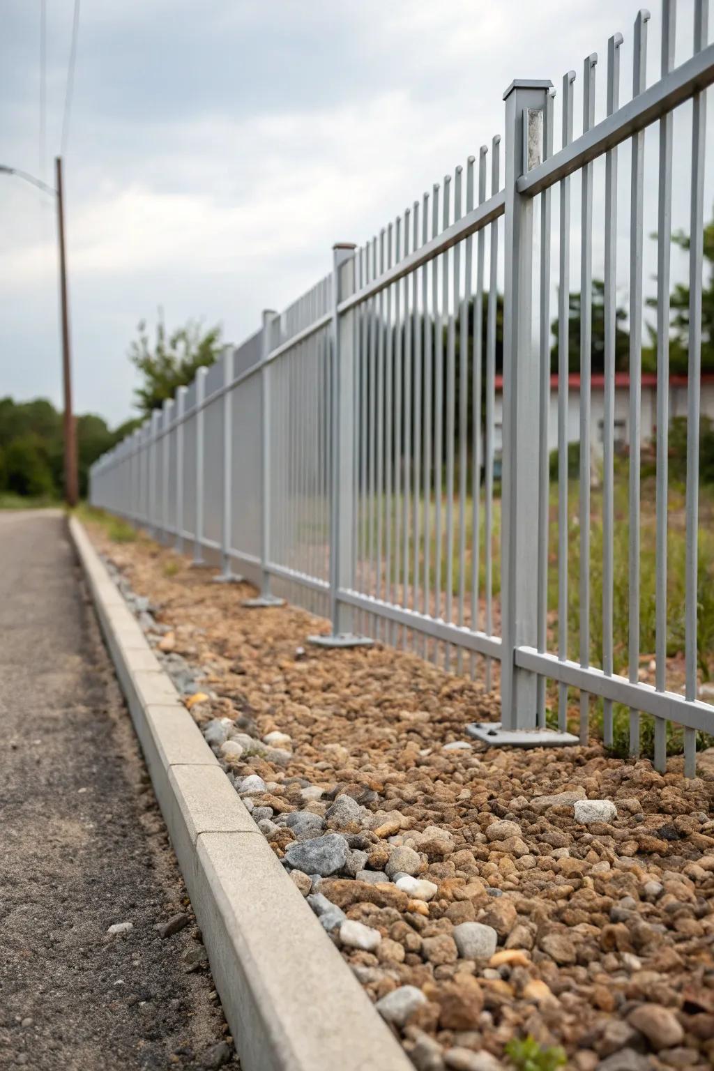 Gravel beds amplify the sleekness of an aluminum fence.