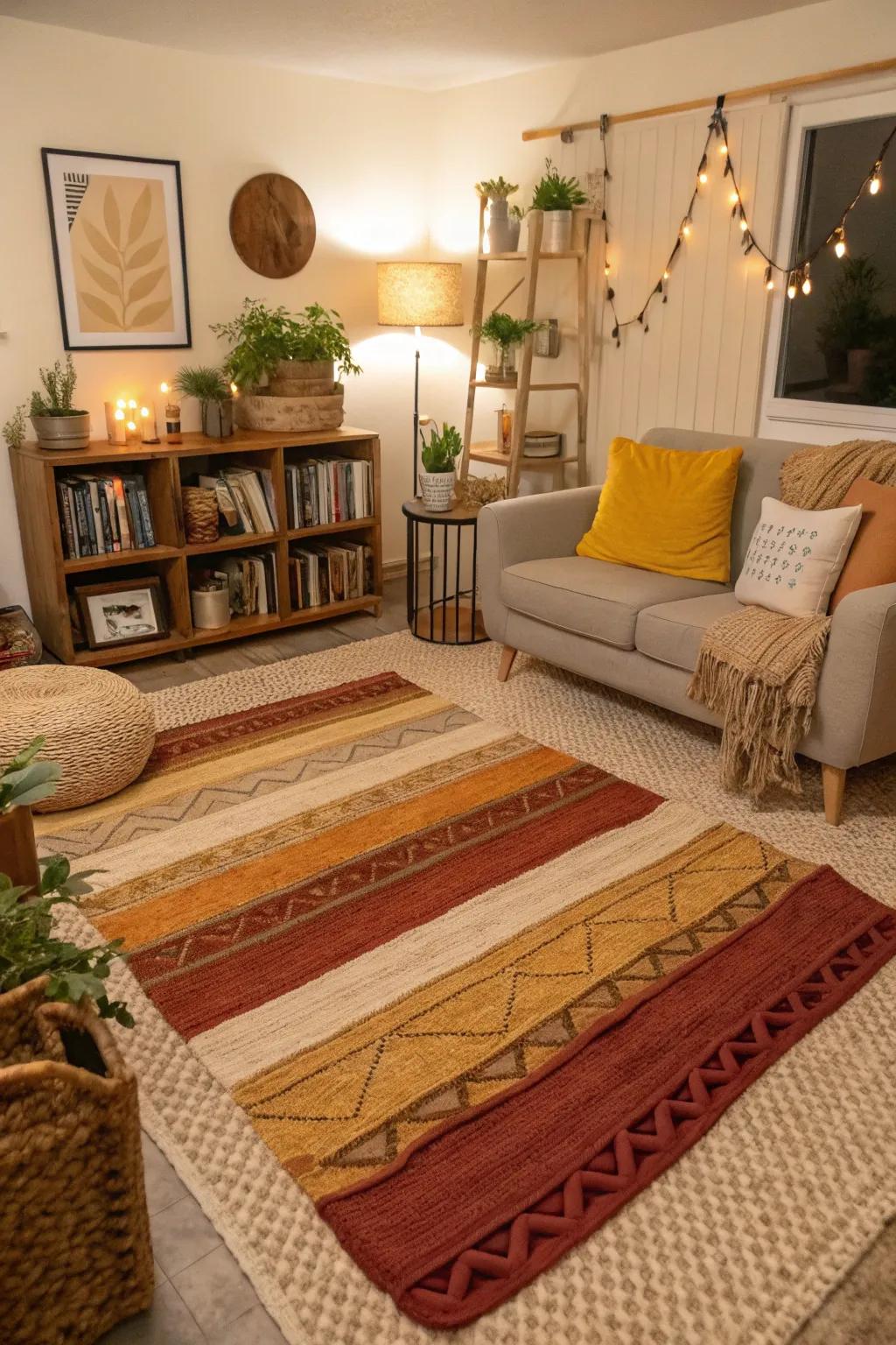 Strategically layered rugs define and introduce warmth into a snug living room.