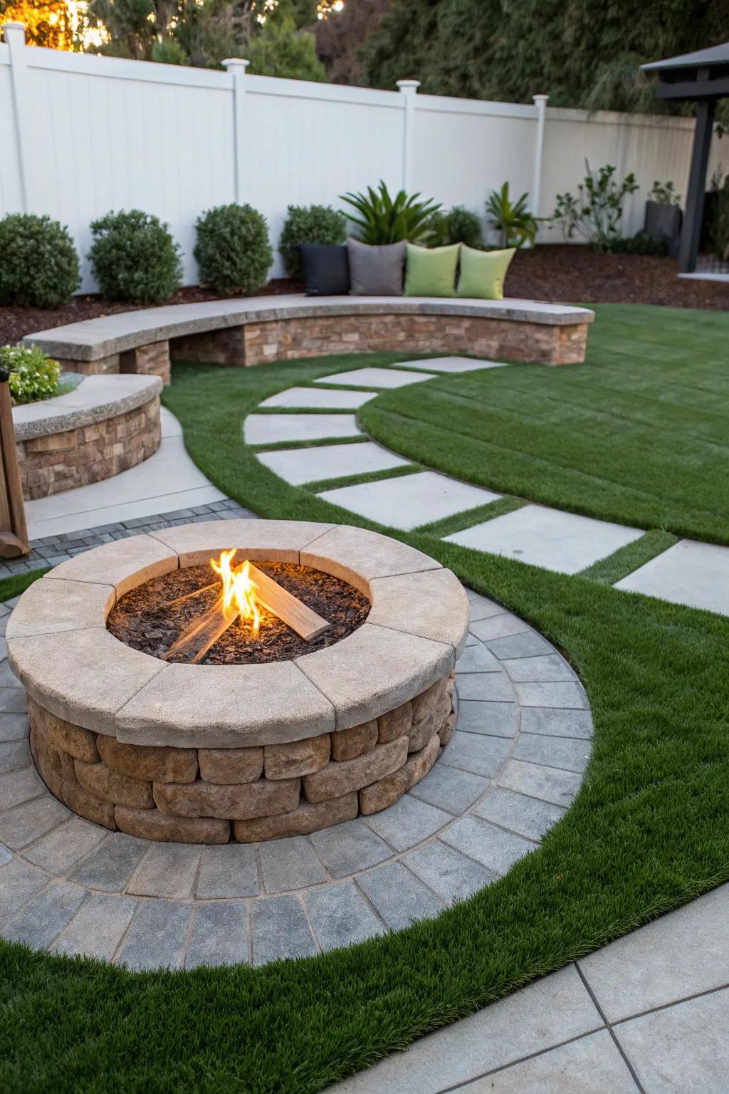 Transform your backyard into a cozy retreat with this stunning fire pit feature, where modern design meets natural allure.