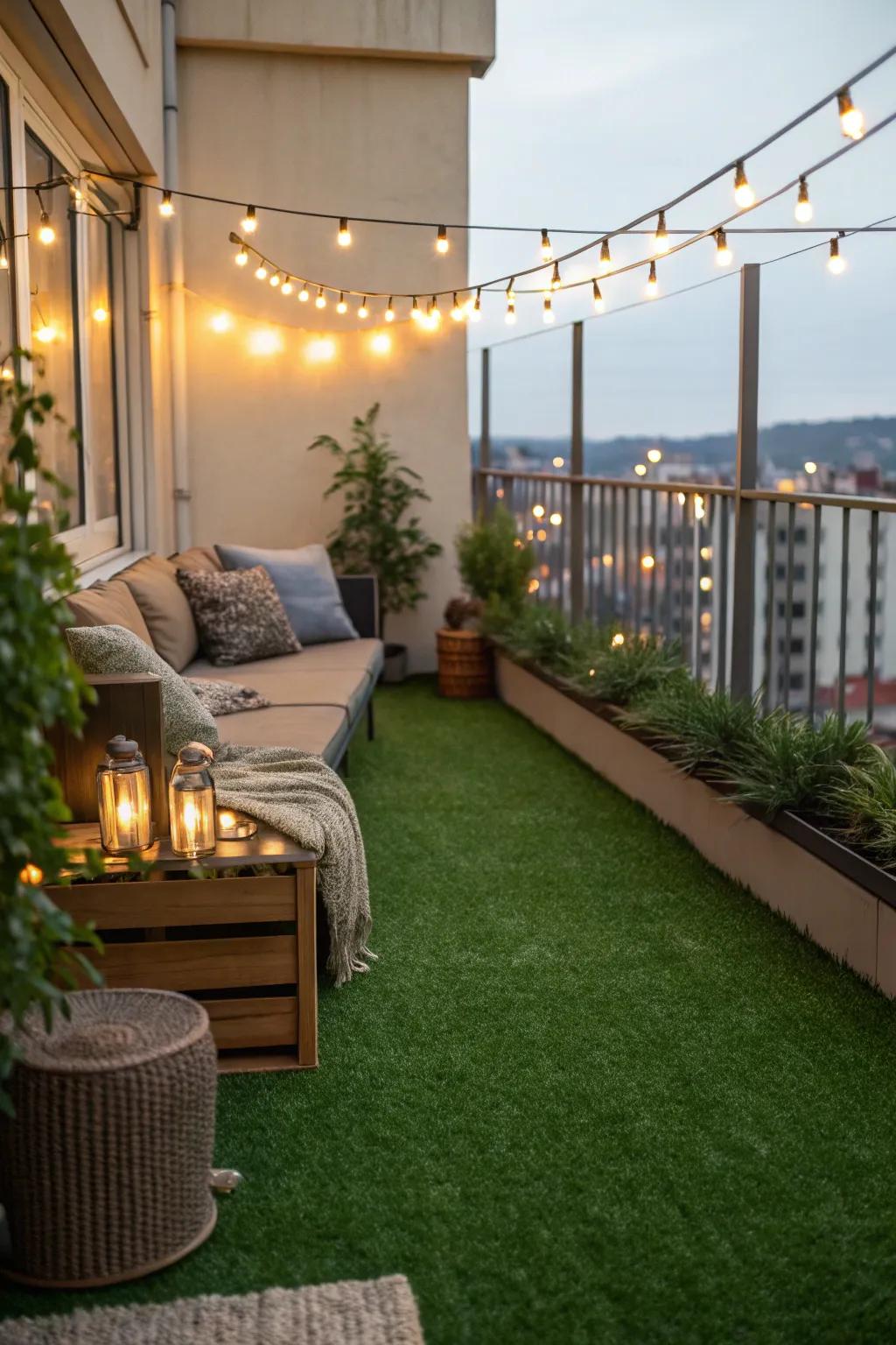 Turn your balcony into a cozy retreat with synthetic turf and gentle lighting.