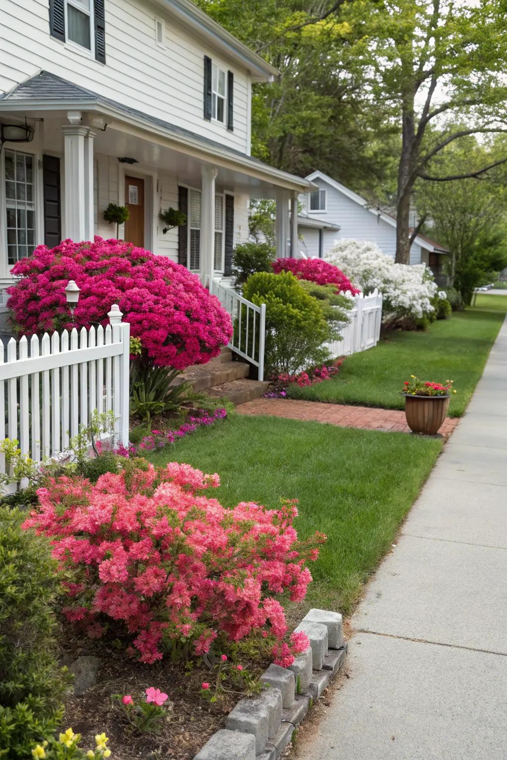 Azaleas enhancing the curb appeal of a charming home.