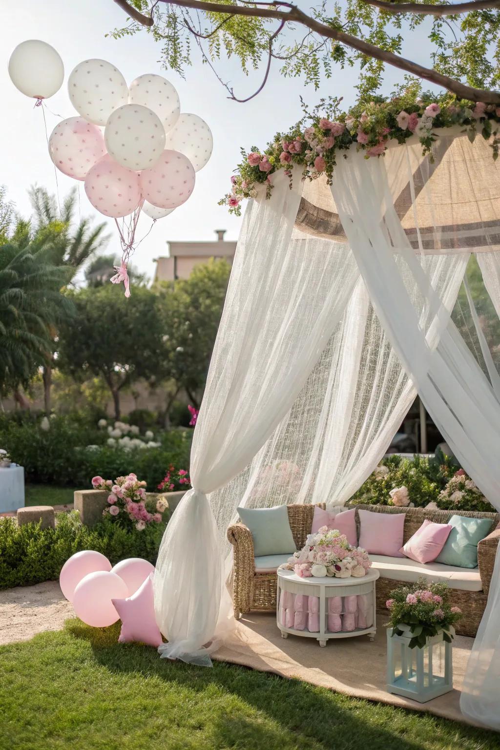 A whimsical canopy of sheer fabric over the seating area.