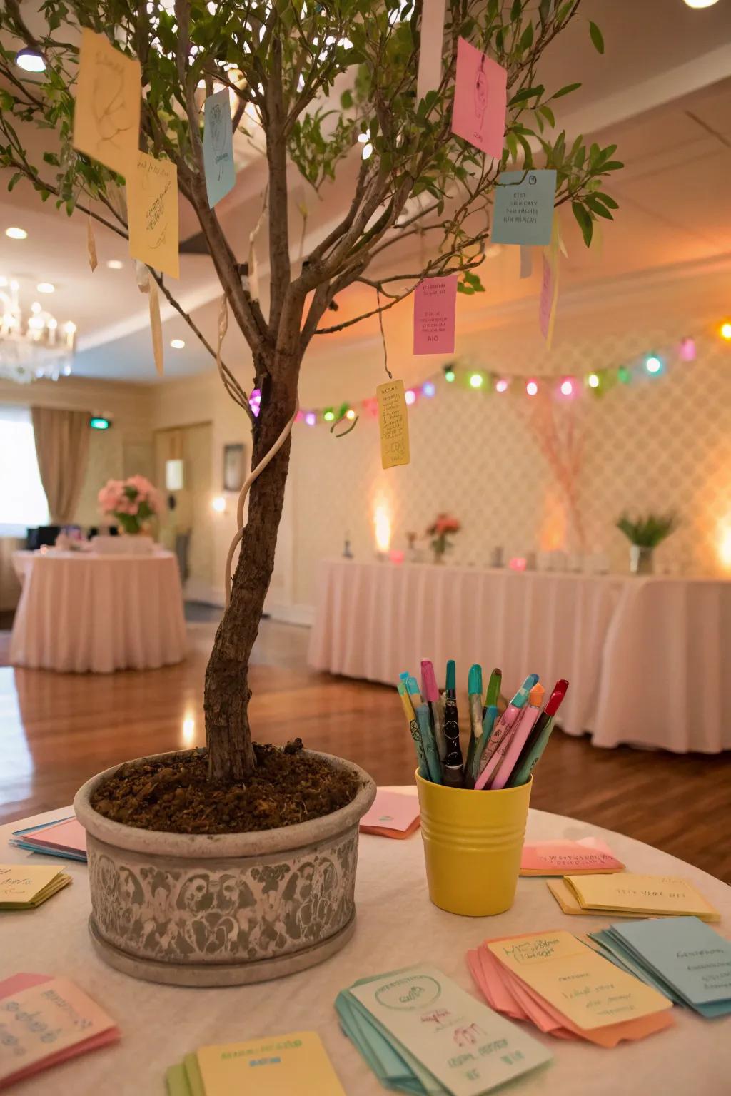 A wisdom tag fixture featuring vibrant tags and writers.