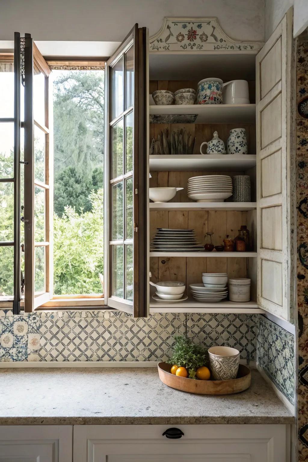 Open display matched with a visible tile backsplash around a kitchen window.