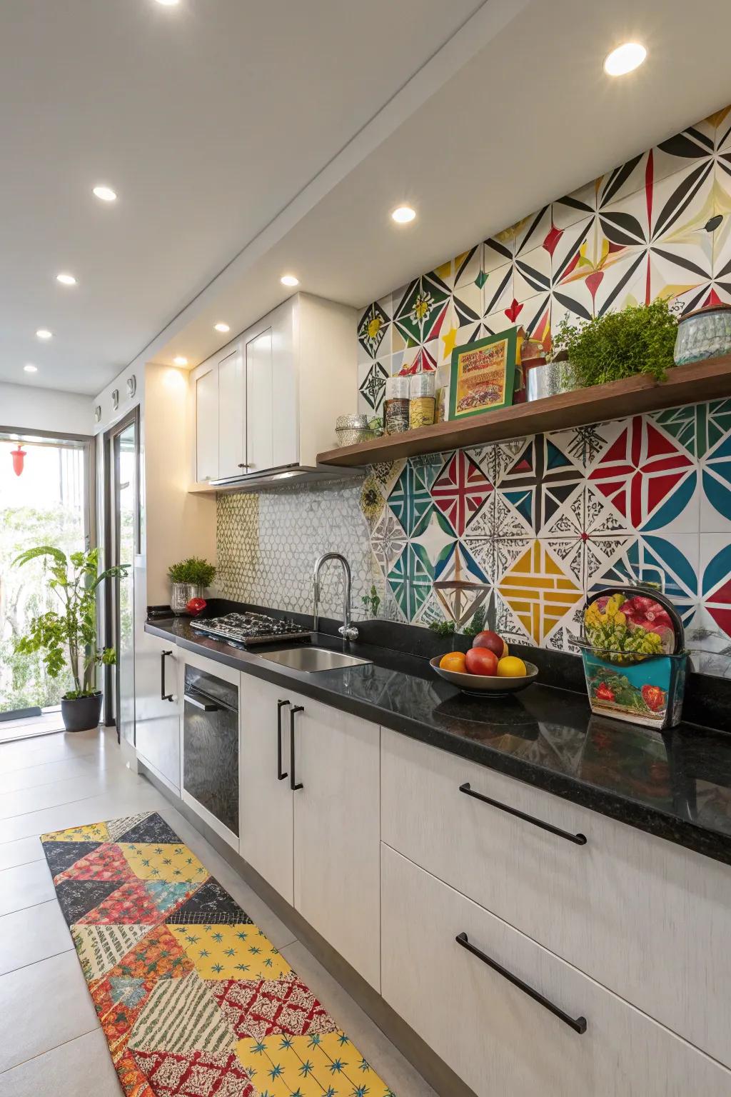 Polygonal tiles introduce a playful and animated element to cooking area design.