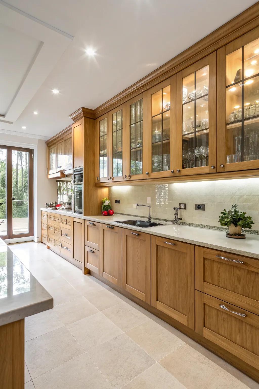 Polished glass boards enhance the contemporary appeal of maple cabinets.