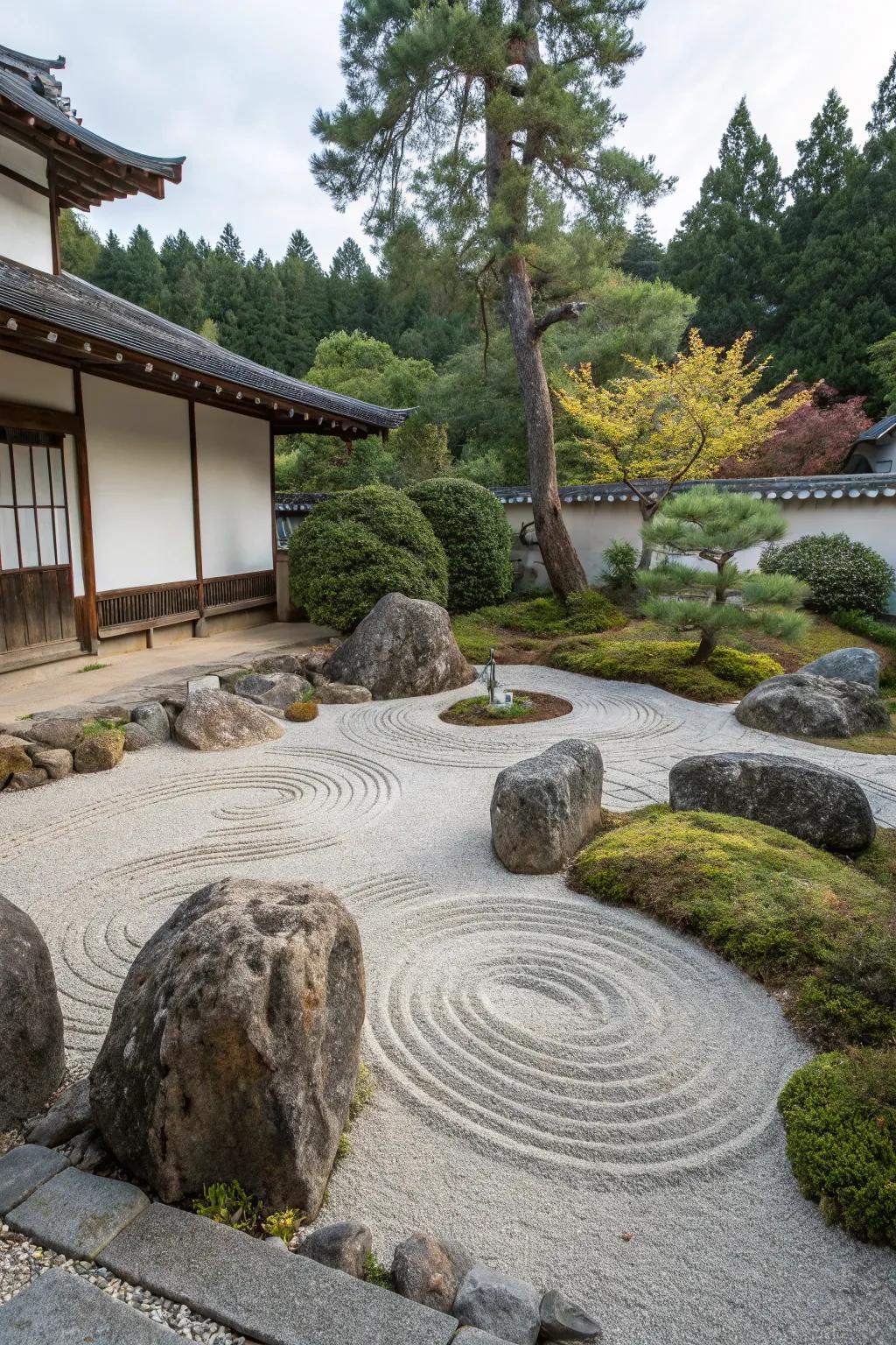 Discover peace in a peaceful garden featuring finely crushed rock and tranquil design elements.