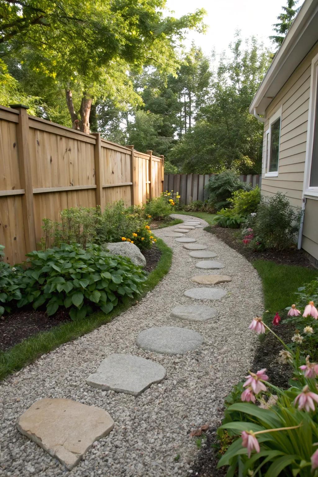 A grit route that aids in managing water runoff in the outdoor space.