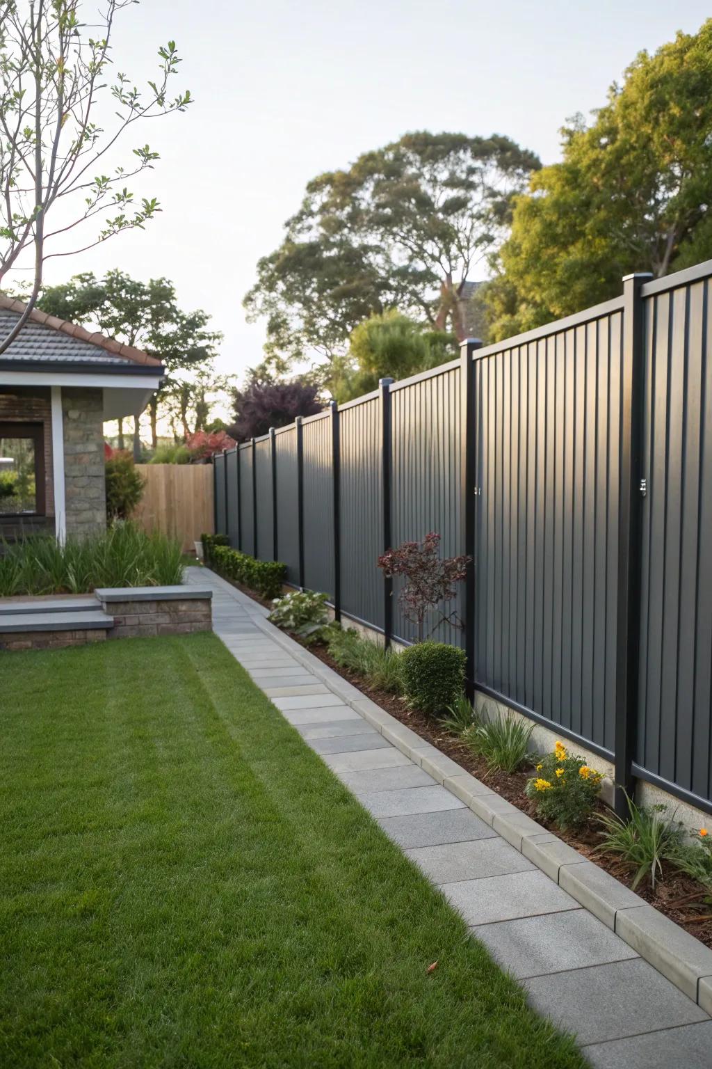 A modern metal screen fence adds urban edge to the backyard.