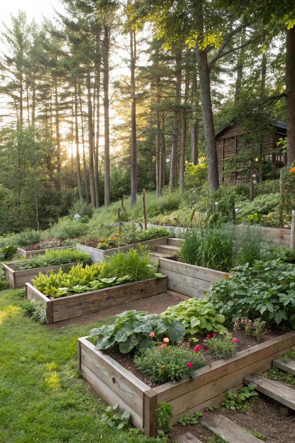 Layered landscaping adds depth and visual interest to your backyard forest.
