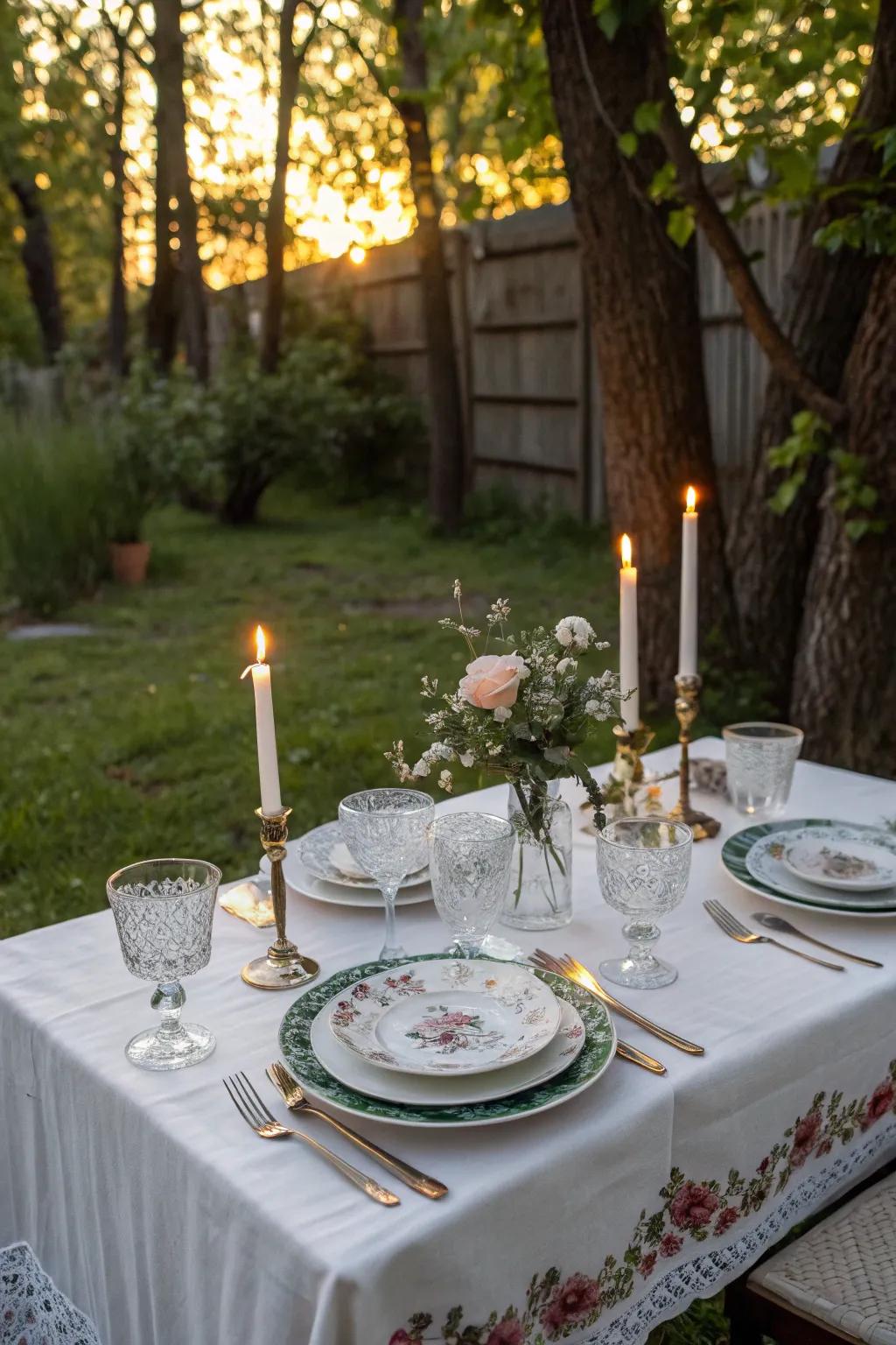 An intimate dining setup in a backyard, perfect for a romantic proposal dinner.