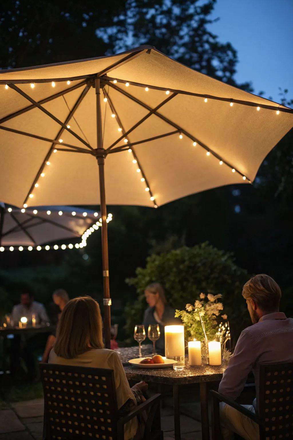 A patio sunshade with integrated lights for evening ambiance.