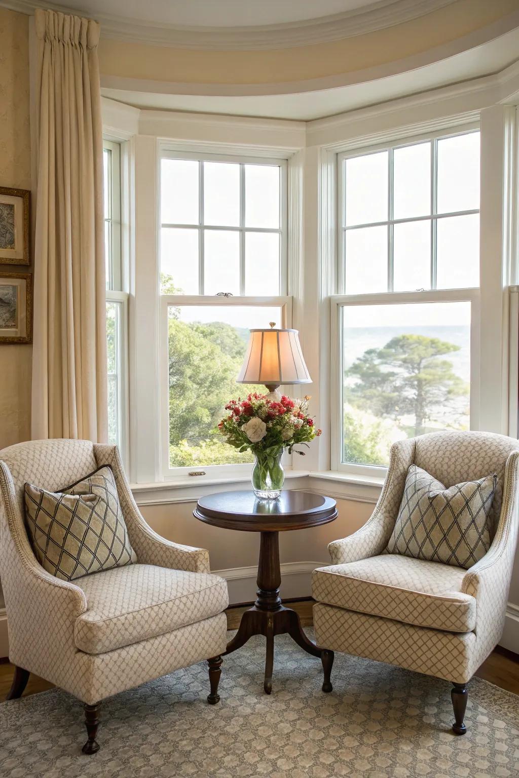 Symmetrical seating enhances both the functionality and the visual appeal of your bay window area.