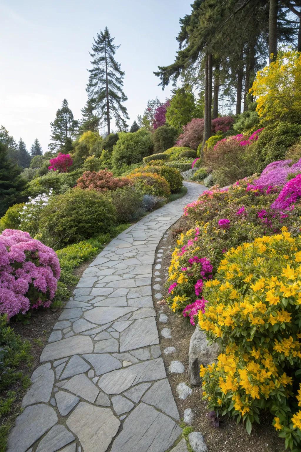 A stone path winding through a verdant, colorful garden setting.