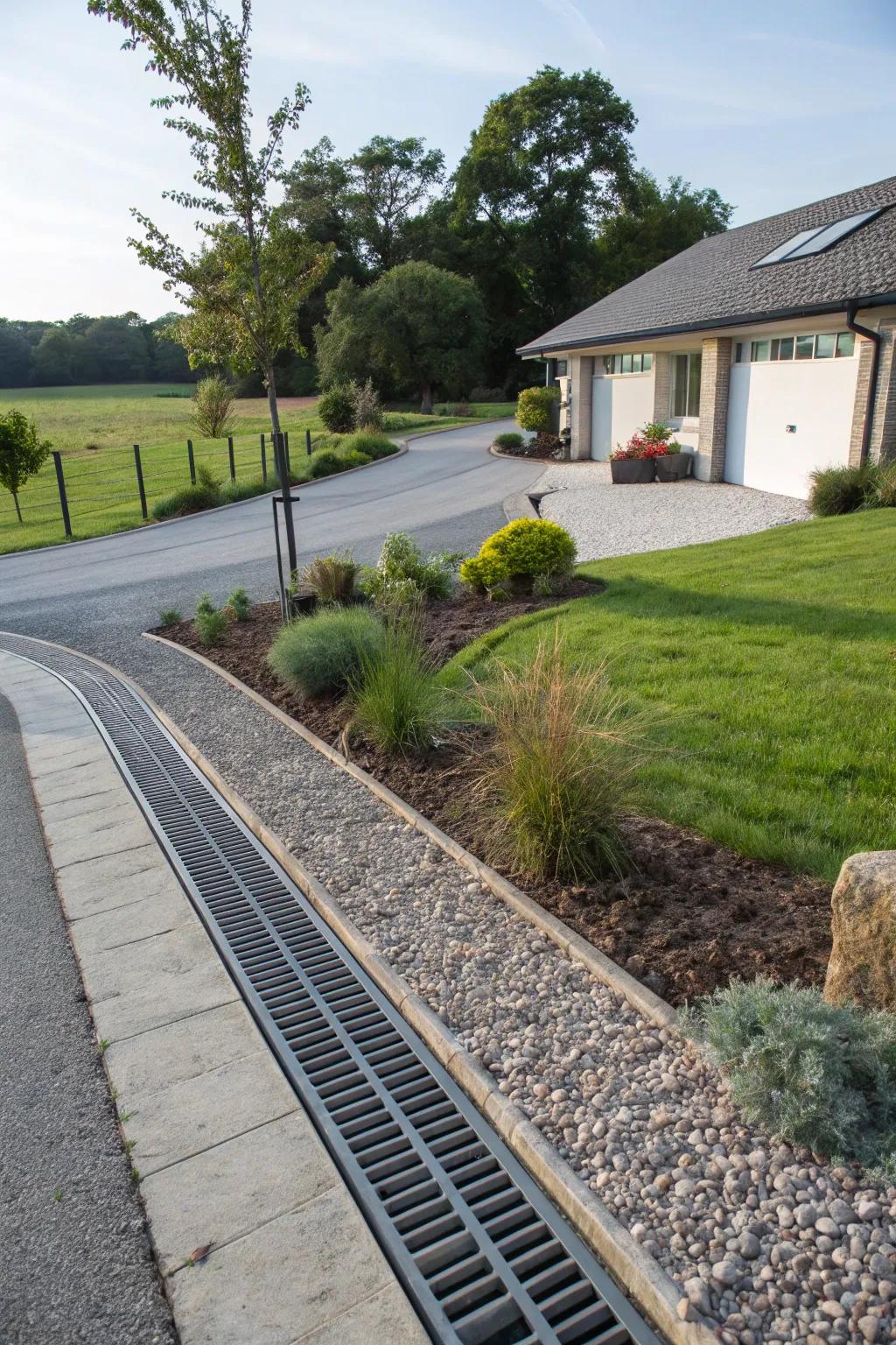 A driveway with a subtle yet effective water system to handle water drainage.