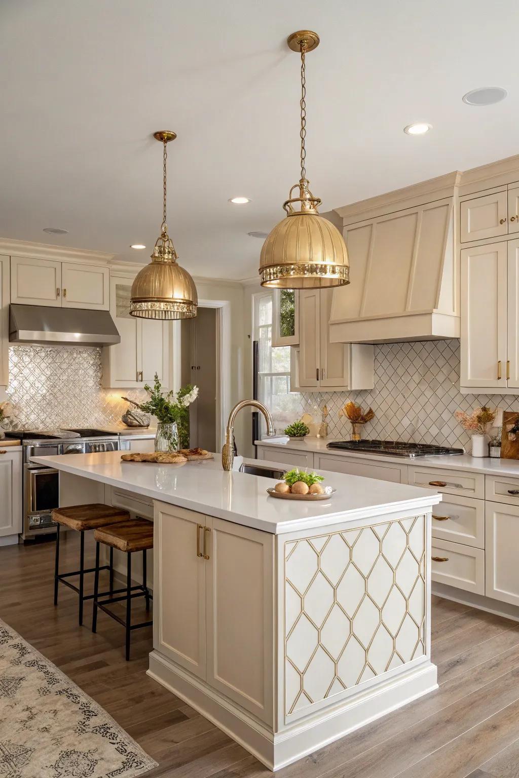 Bronze hanging lamps infuse warmth and sophistication into the area.