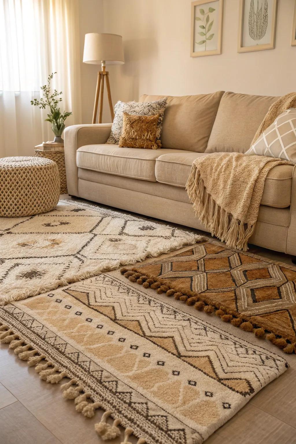 An artistic method to floor covering layering in a living space with a wheat-toned sofa.