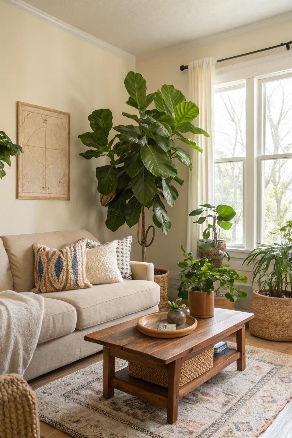 Greenery injects life into beige.