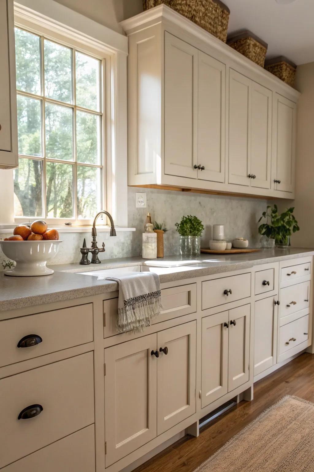 Classic metal knobs enhance the timeless appeal of shaker cabinets.