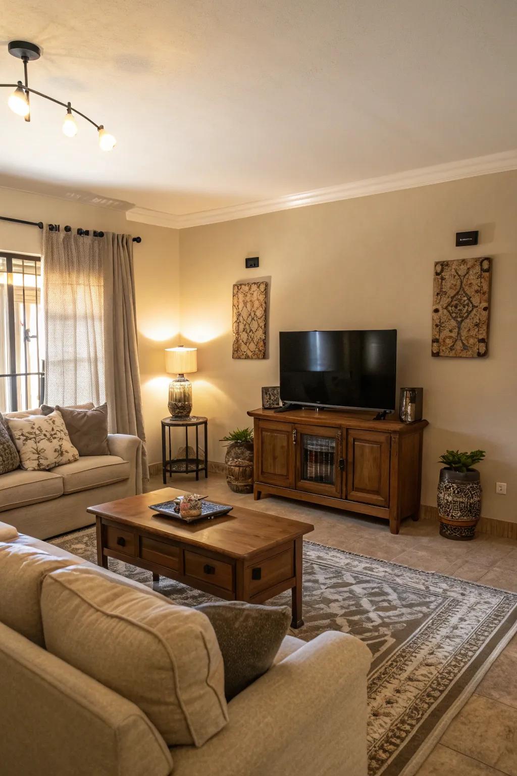 Neutral tones create a calming backdrop for any living room.