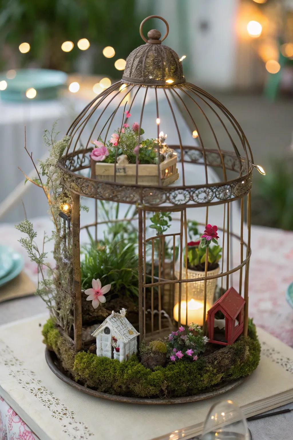 A fairy garden inside a birdcage sparks imagination and charm.
