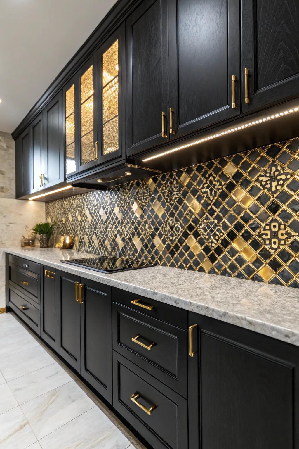 A black and gold backsplash makes a bold statement.