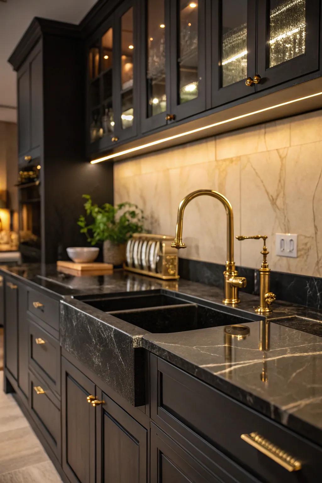 Brass elements enhance the elegance of ebony countertops.
