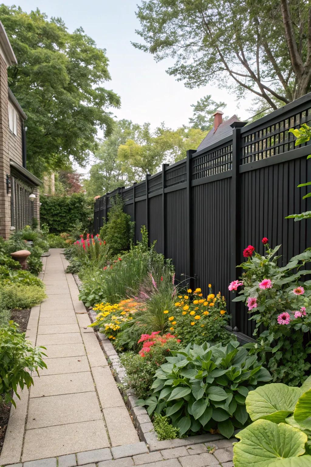 A tall black fence provides seclusion and style in a city garden.