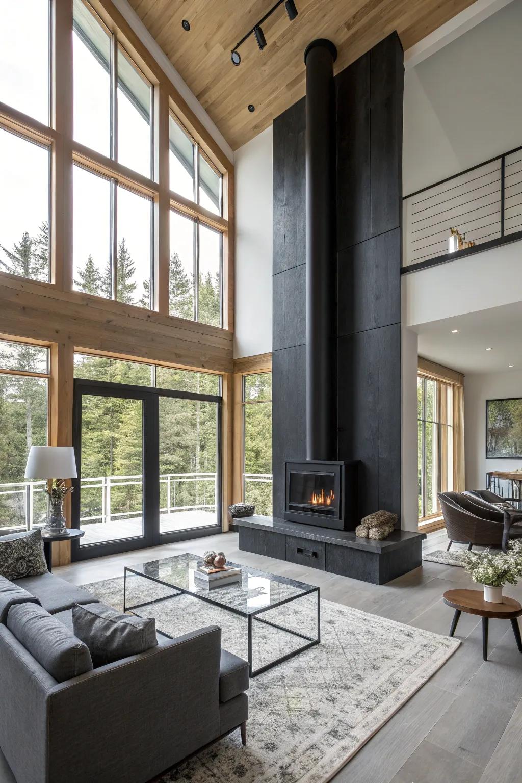 Create a dramatic focal point with a floor-to-ceiling black fireplace.