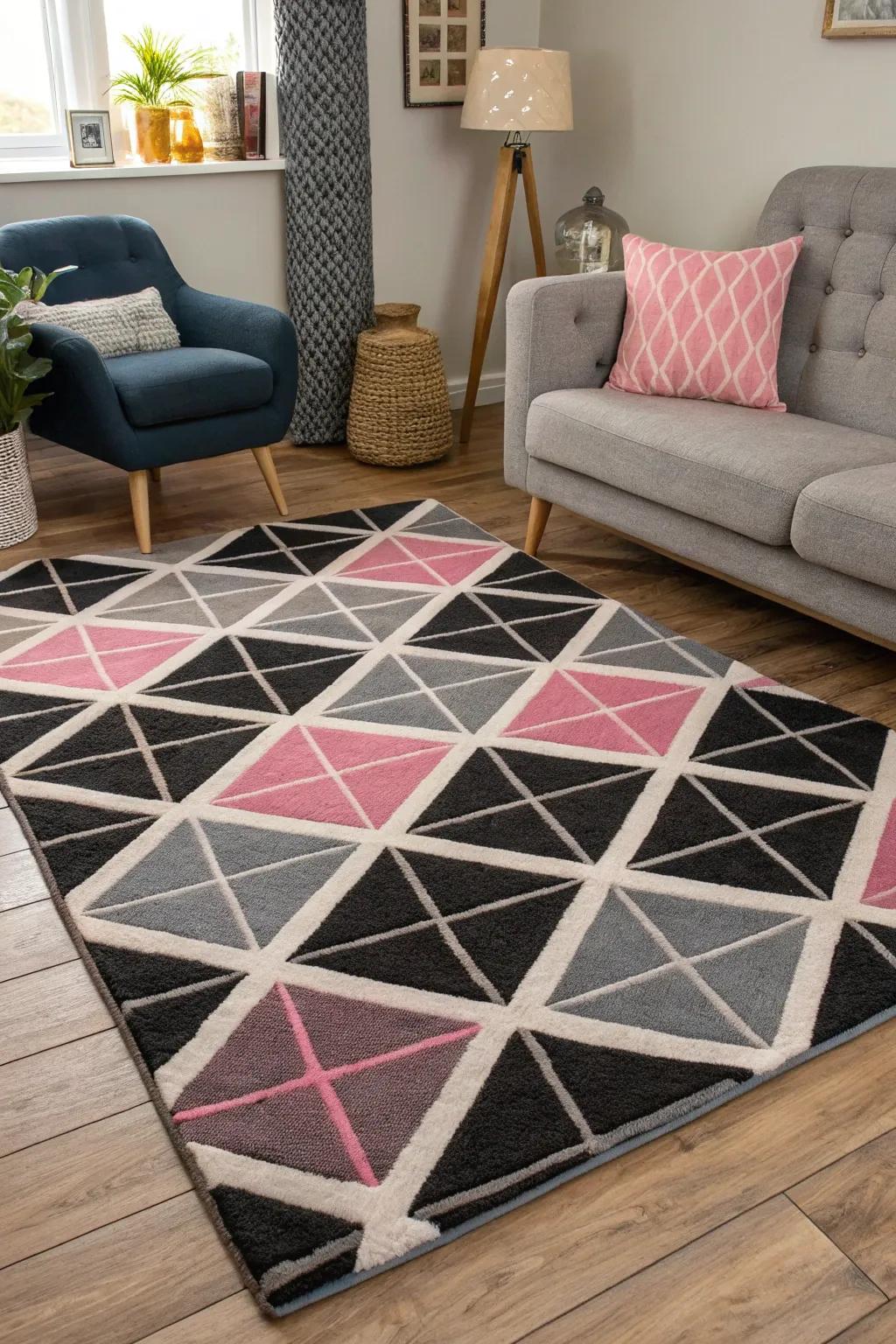 A geometric floor covering introduces a current sharpness and anchors the space.