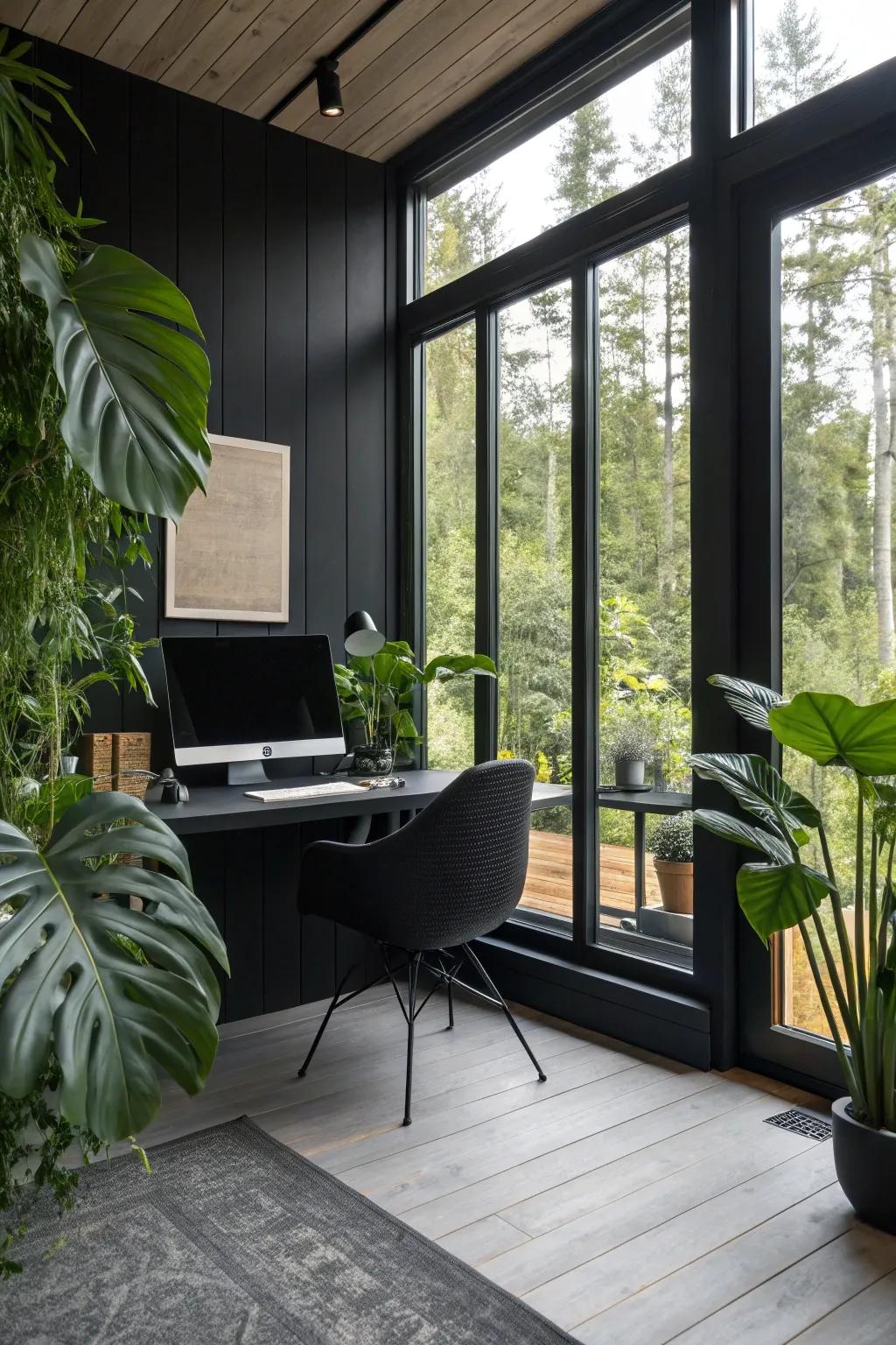 Natural light and plants breathe life into a black office space.