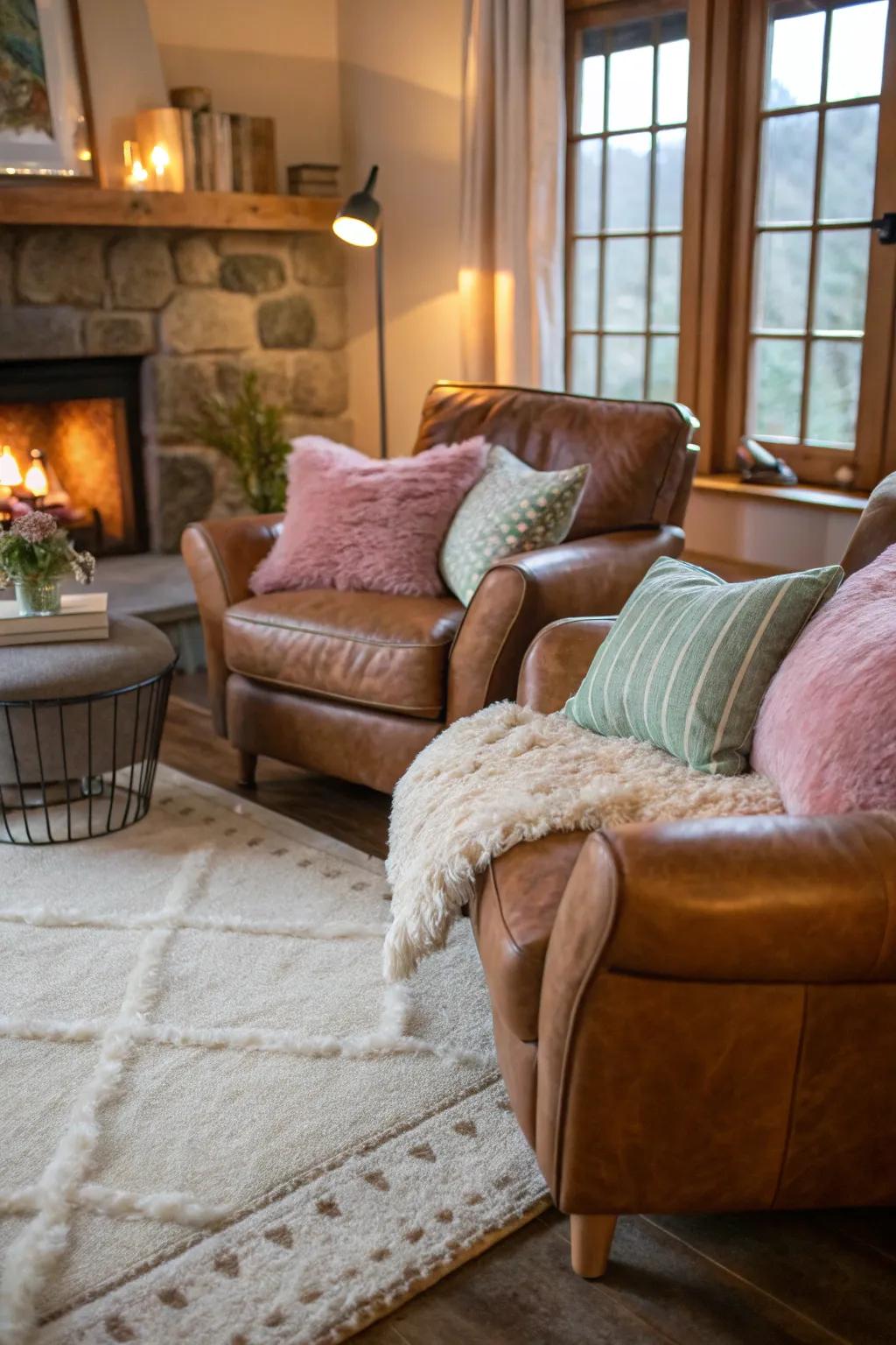 Layered textures enhance the depth of the living room design.