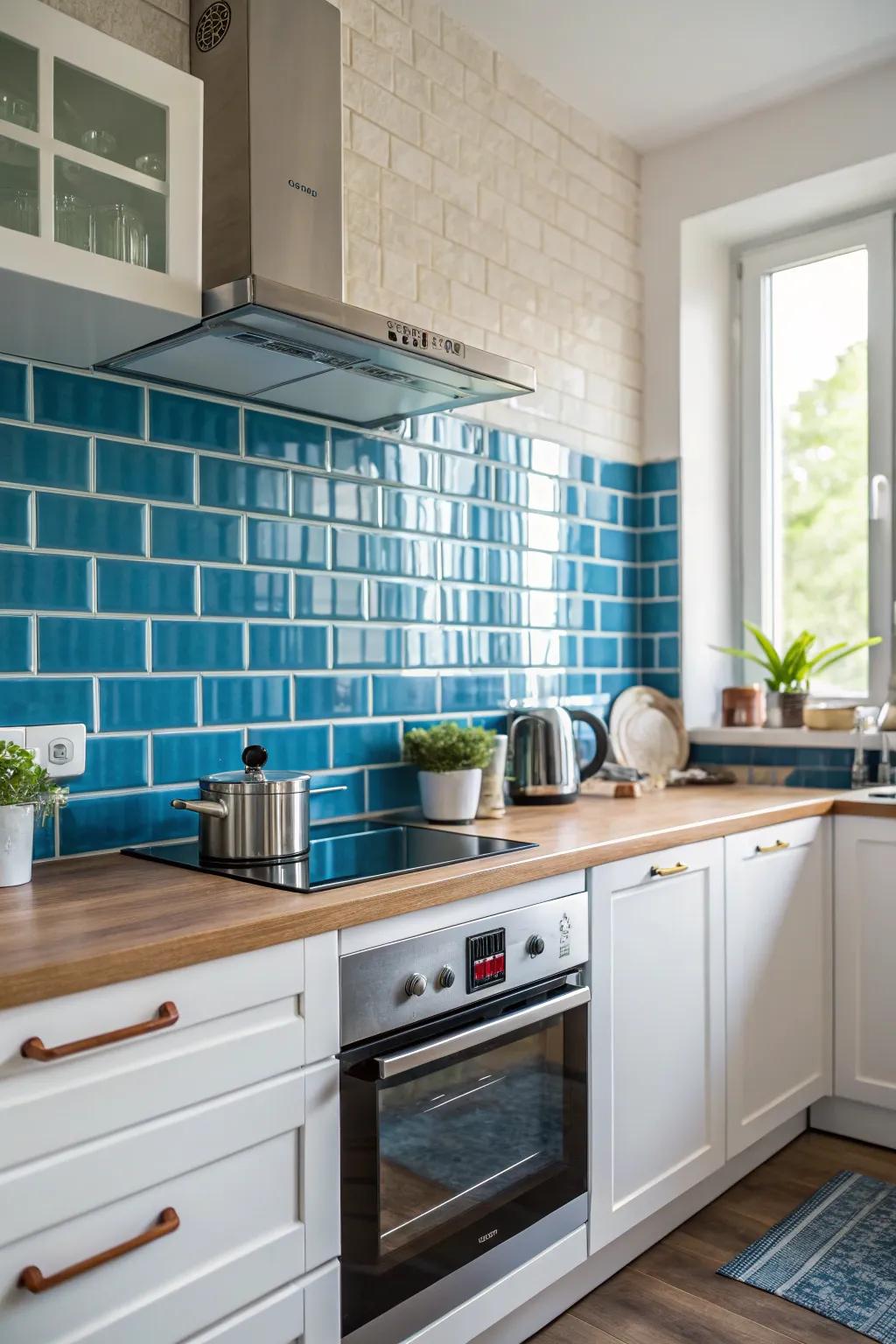 A lively azure backsplash introduces character to this kitchen.