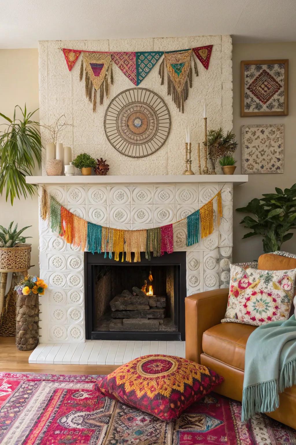 A varied bohemian-style fireplace, featuring tapestries and woven wall art.
