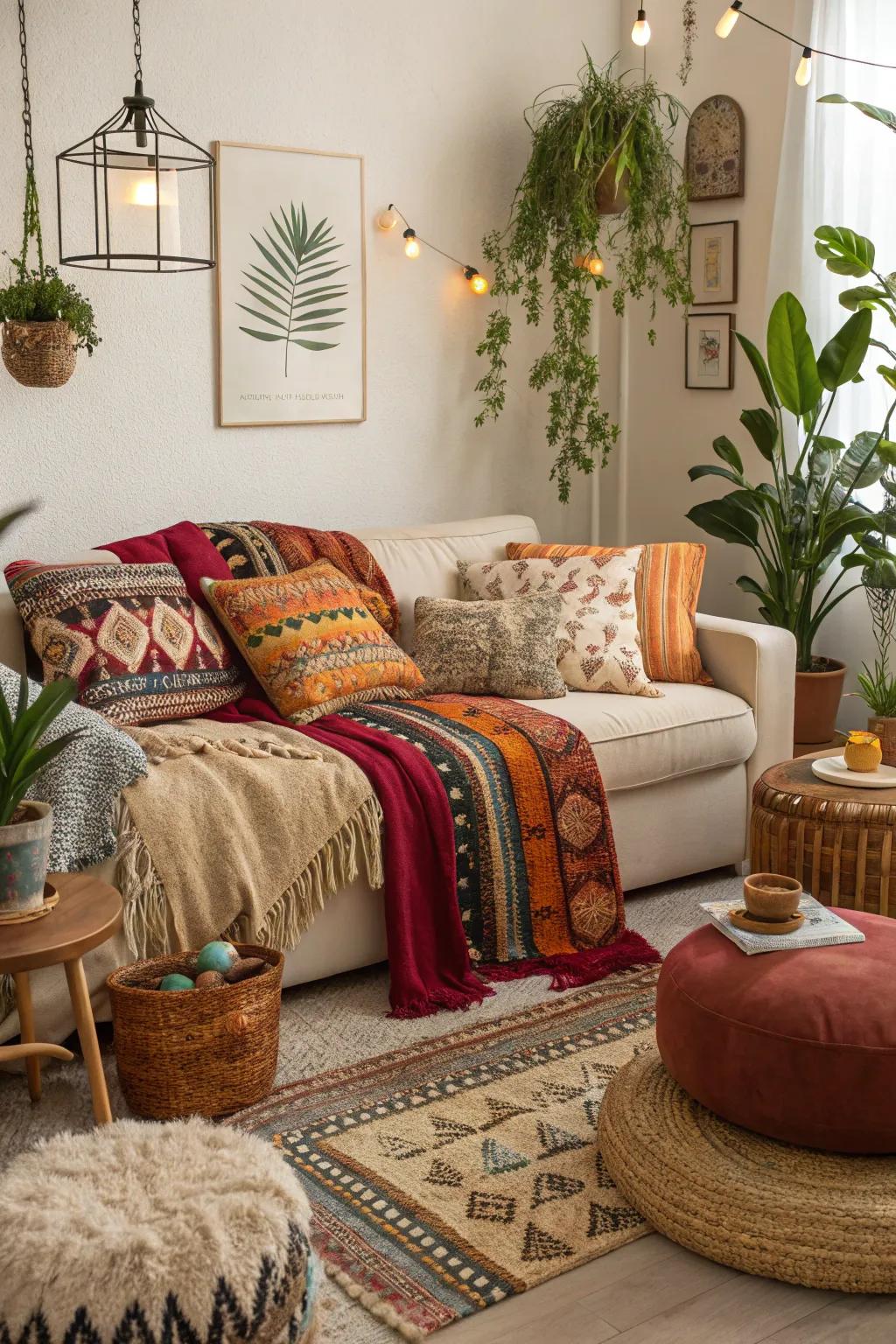 Comfort is paramount in a boho living space.