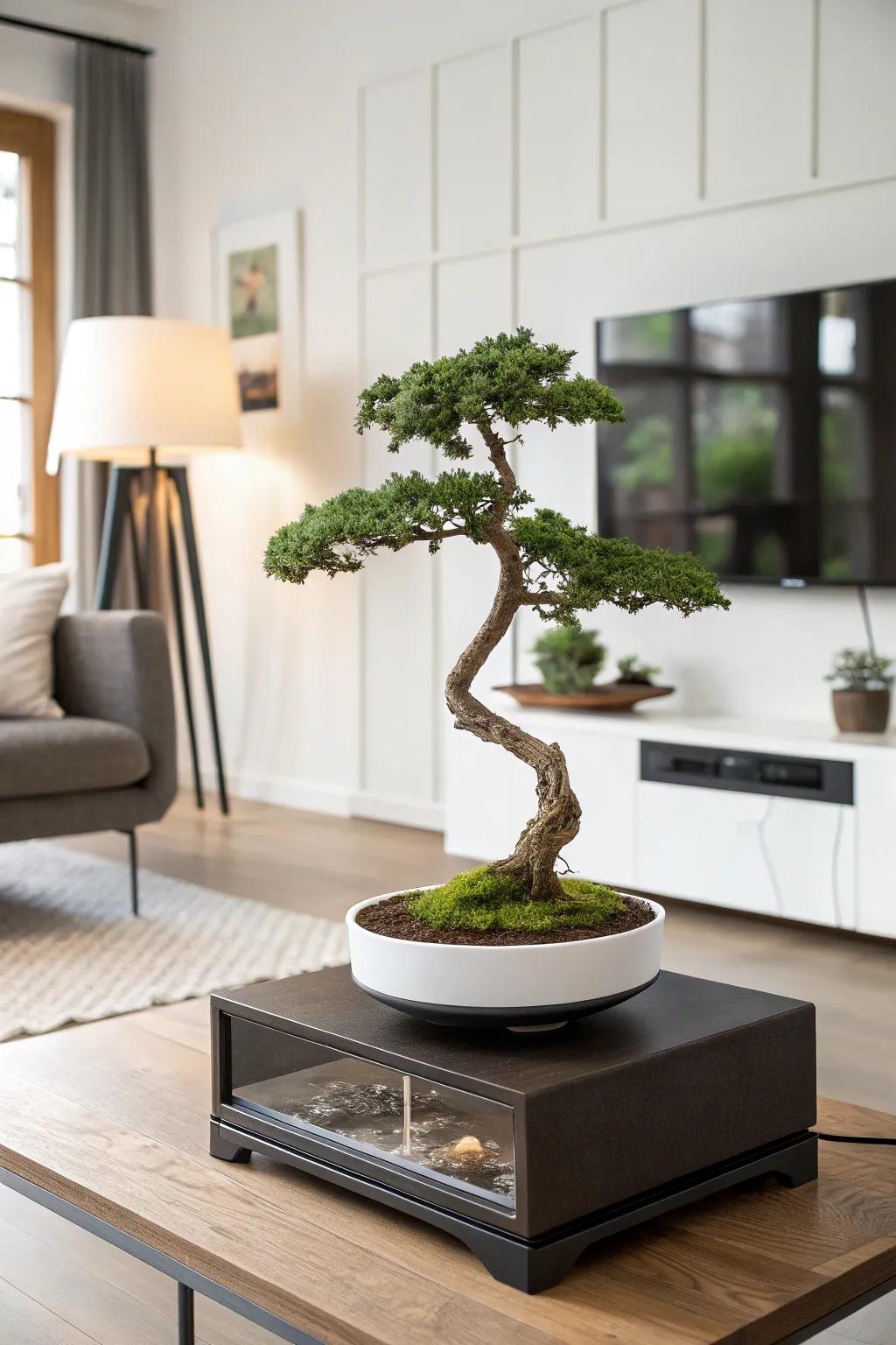 Floating bonsai providing a futuristic and captivating display
