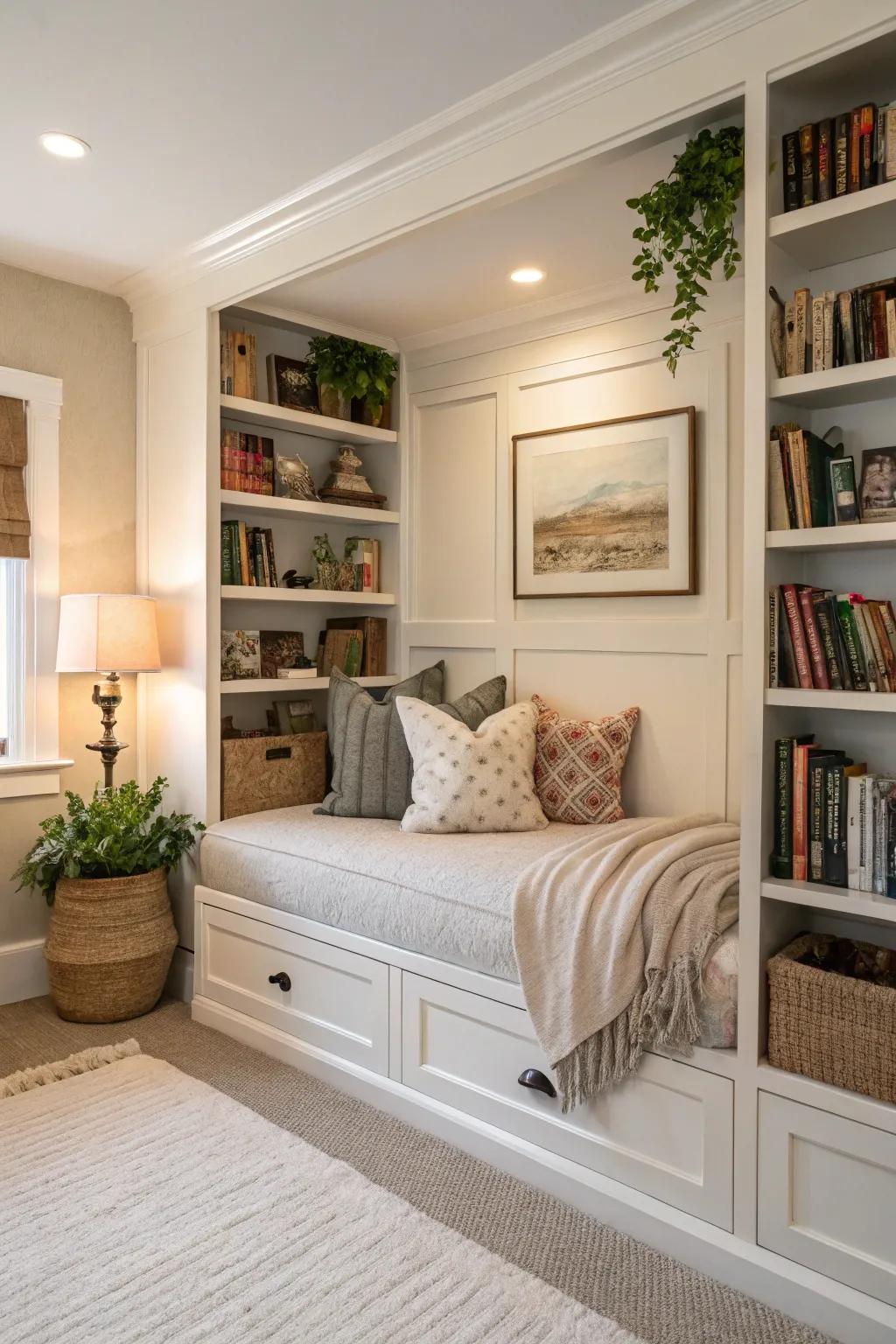 An integrated book nook adorned with a divan, promising unparalleled reading solace.